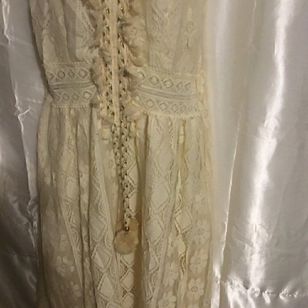 Women's Lace Hollow Out Tassel Trim V Neck Bohemian Maxi Dress L - Picture 10 of 15